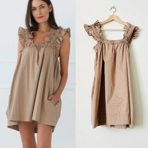 Monica Nera SMALL Maya mini pocketed sleeveless dress in beige tan